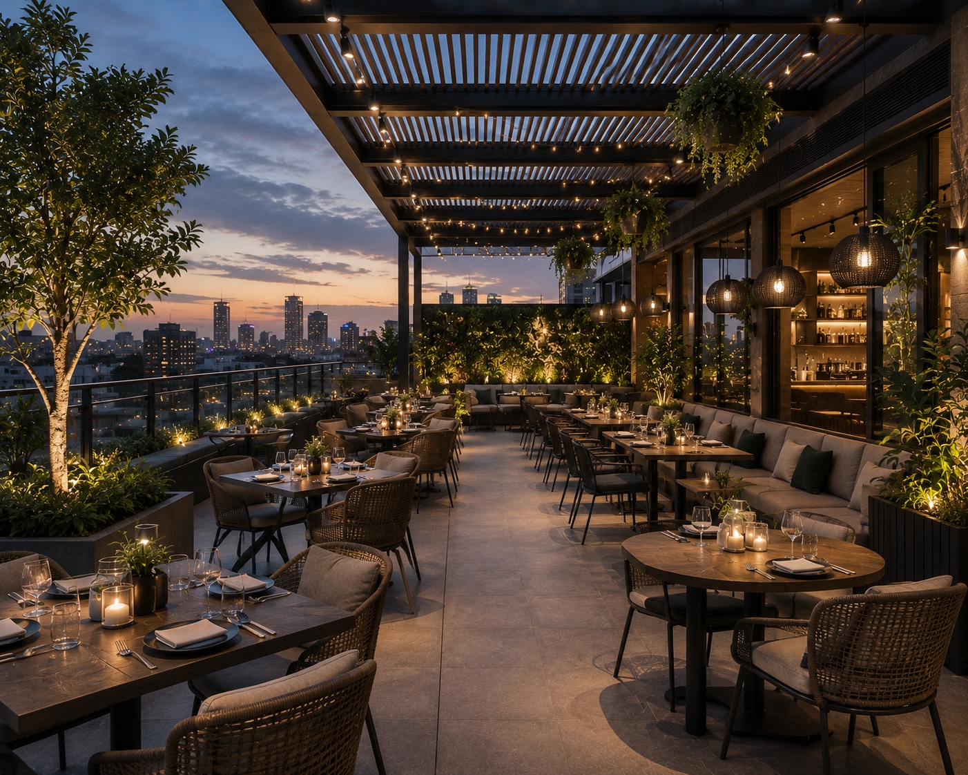 Rooftop Restaurant Seating by Saffron Interior Design